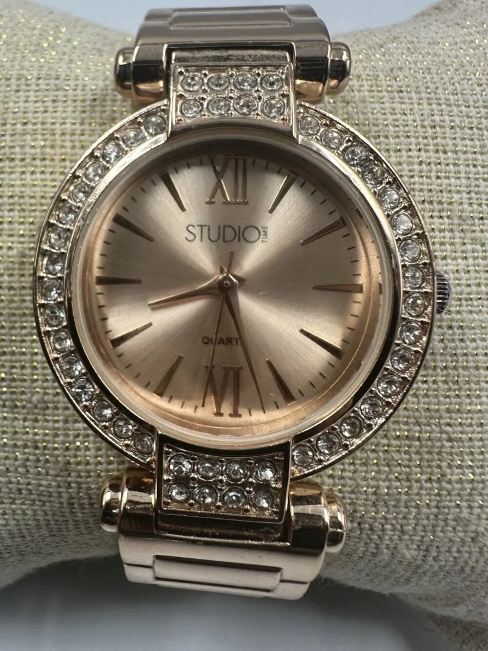3/$30 Studio Time Watch Women Rose Gold Tone Rhinestone Bezel Cuff Band 6.25